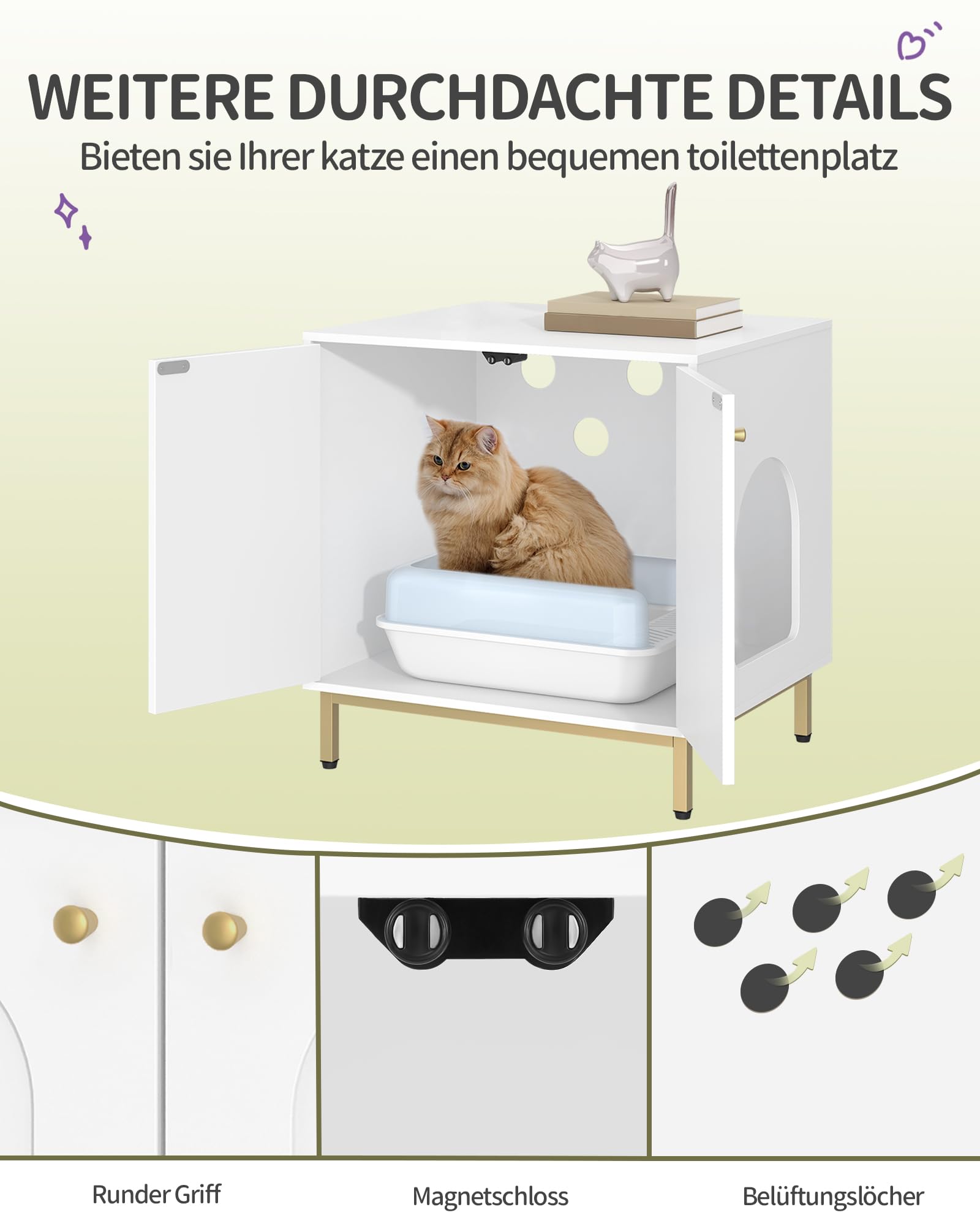Hzuaneri Caja de Arena para Gatos, Muebles de Caja de Arena, Mesa Auxiliar para Casa de Mascotas, Banco de Gabinete de Almacenamiento, se Adapta a la Mayoría de Gatos, Blanco y Dorado CB81203G