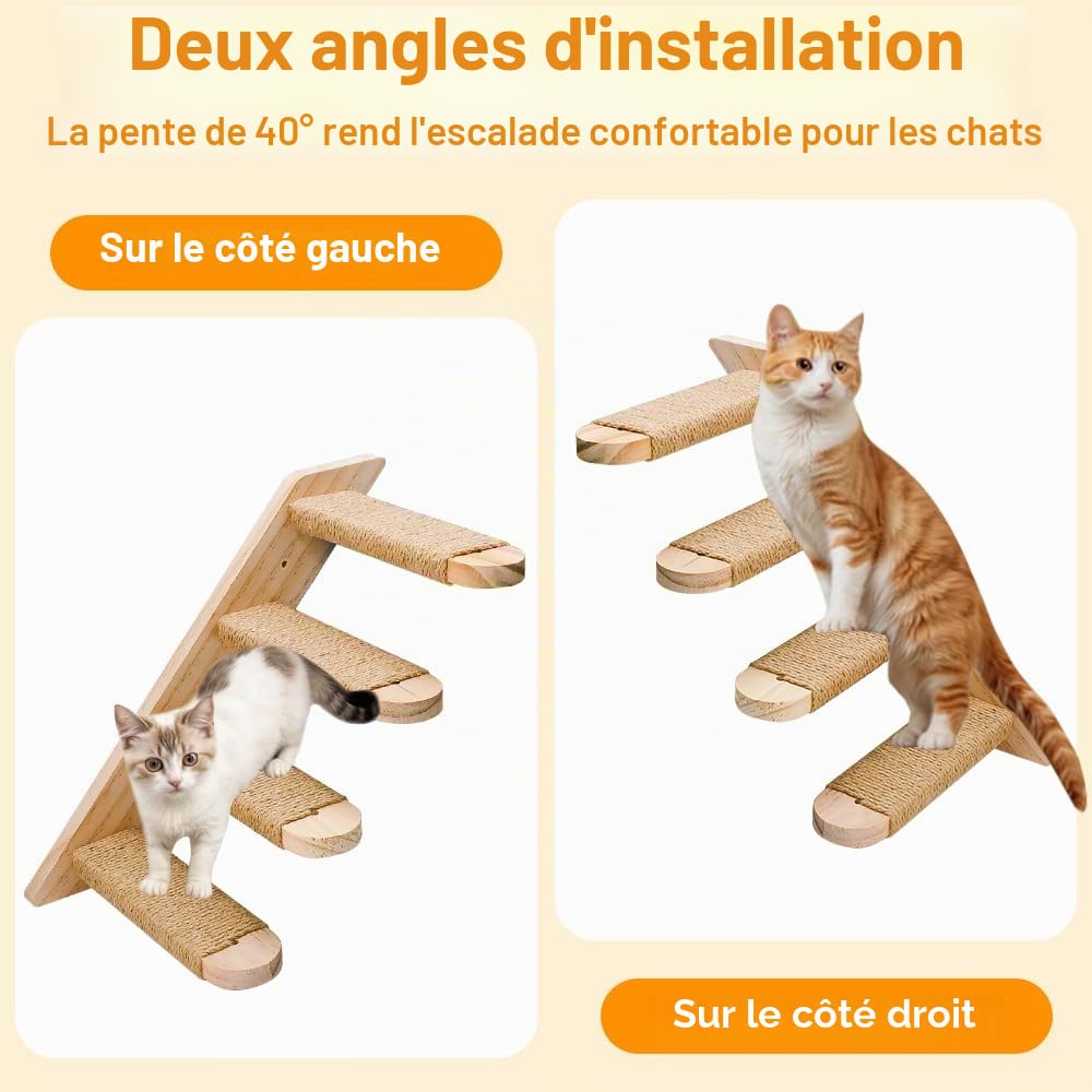 Étagère Murale pour Chat, Escalier pour Chat 4 Étapes Marches d'escalade Chats en Bois Cadre d'escalade Mural avec Un Bâton Drôle Echelle Chats pour Grimper, Sauter et Jouer