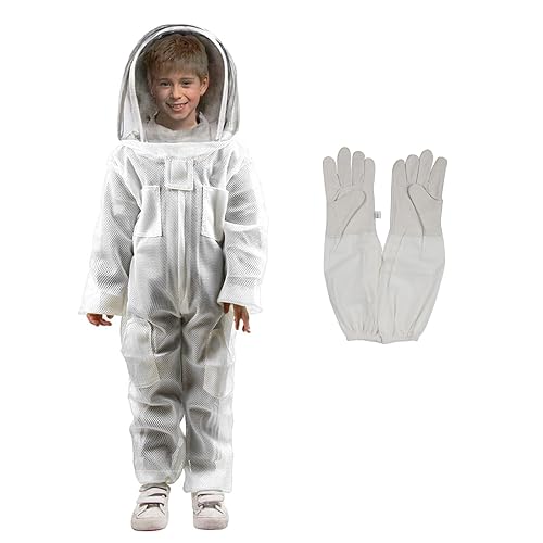 Traje de apicultura para niños Traje de abeja ventilado Traje de abeja para niños con guantes Suministros de apicultura (L-3'9''-4'3'')