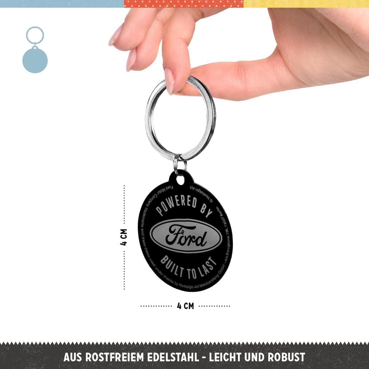 Nostalgic-Art Retro keychain, Ø 1.6", Ford – Built to last – Gift idea for Ford fans, Official License Product (OLP), made of metal, vintage design