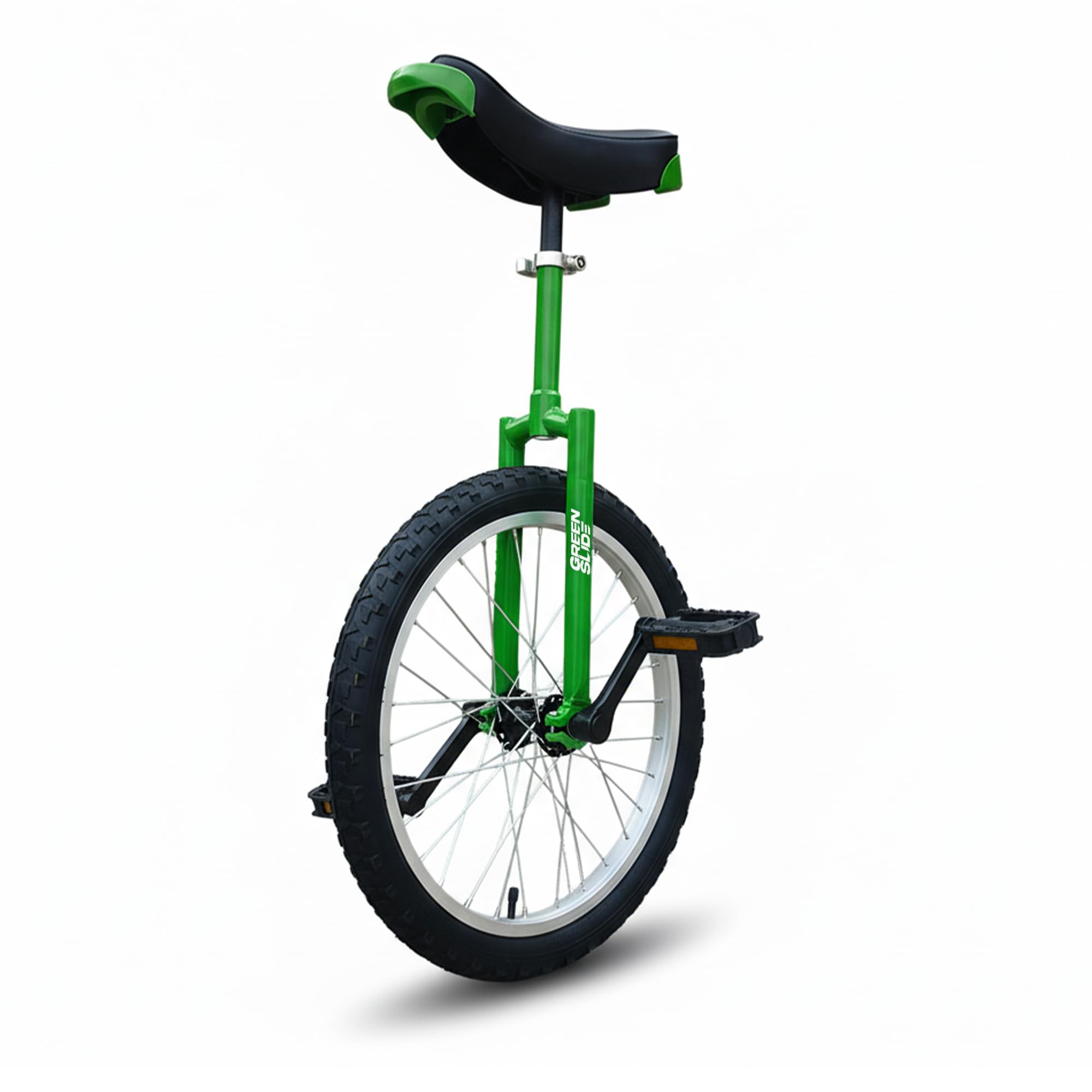 Green Slide Monocycle 20" Gama Edge Verde, Freestyle (Horquilla Cuadrada Tricks), Llanta de Aluminio, Sillín Mango