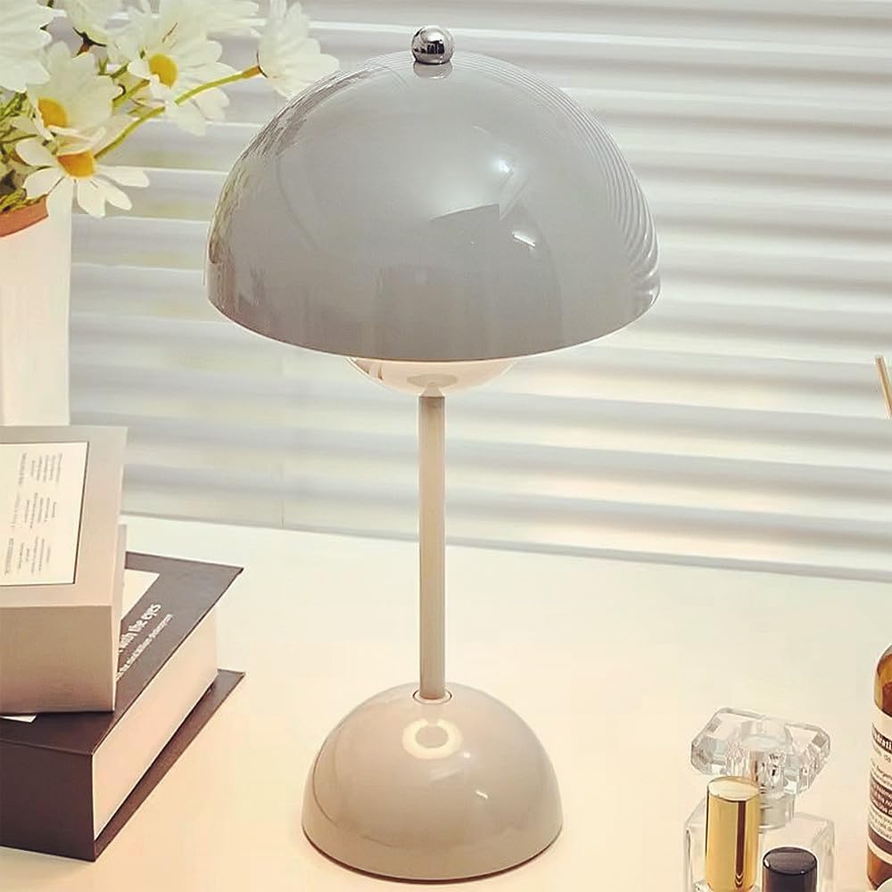 Trixes Grey Rechargeable Mushroom Table Lamp - Cordless Dimmable Table Lamp, 3 Adjustable Led Light Colours