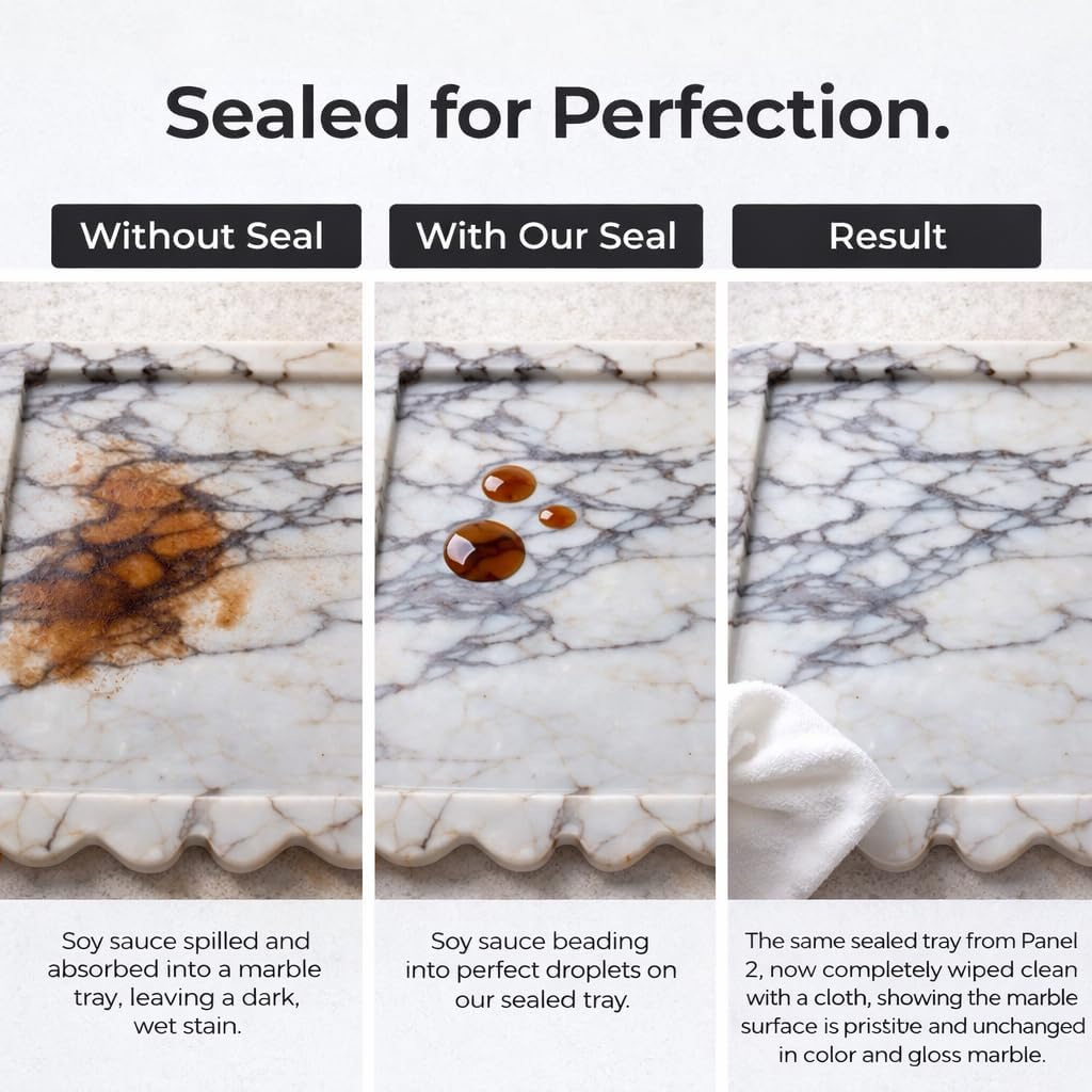 14" x 10" Large Genuine Calacatta Viola Scalloped Marble Tray, Pre-Sealed for Stain & Water Resistance, Luxury Decorative Trays for Vanity, Bathroom, Dresser, Coffee Table, Home Decor