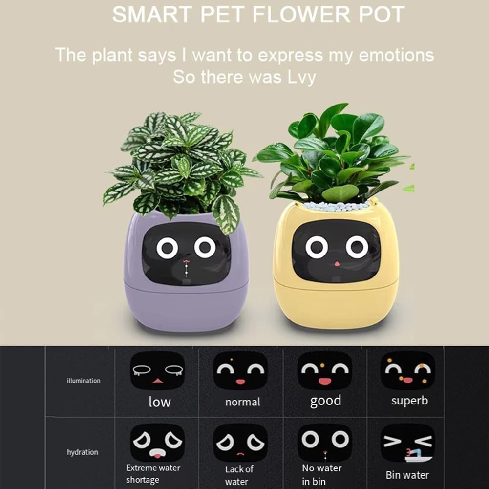 Robot Plantation Pots Fleurs pour Animaux Compagnie AI 7 Capteurs Intelligents Jardinière Intelligente Affichage la Température et L'Heure des Plantes Pots Fleurs Jaune