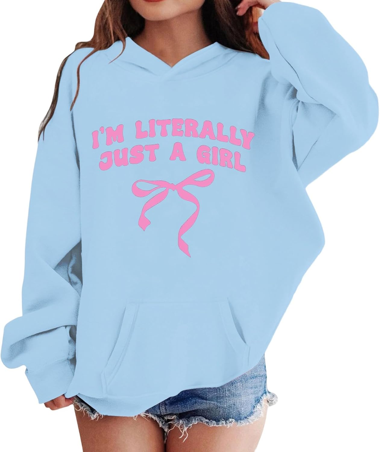 I'm Literally Just a Girl Hoodie for Kids Long Sleeve Bow Graphic Hooded Sweatshirts Fall Trendy Preppy Clothes