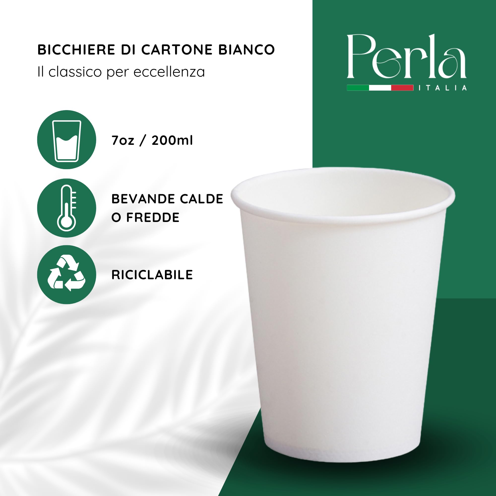 Perla - 1000 Bicchieri di Carta da 200 ml - Bicchiere Monouso Biodegradabile Ecologico - Adatto per Bevande Fredde e Calde - Bicchieri per Acqua usa e getta (Bianco)