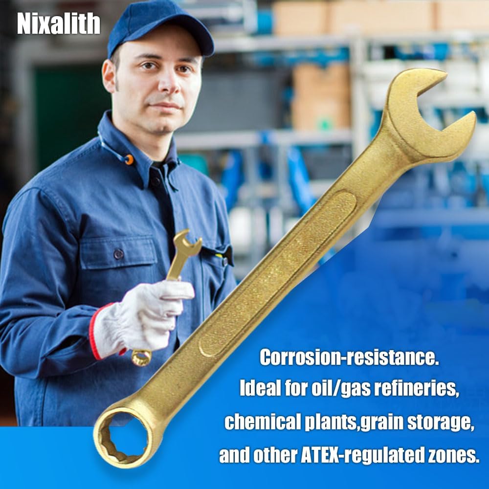Nixalith 11PCS Non-Sparking Combination Wrench Set,8,10,12,14,17,19,22,24,27,30,32mm, Aluminum Bronze,Metric,12-Point Spark-free Spanner,Corrosion-resistance,Low-magnetic