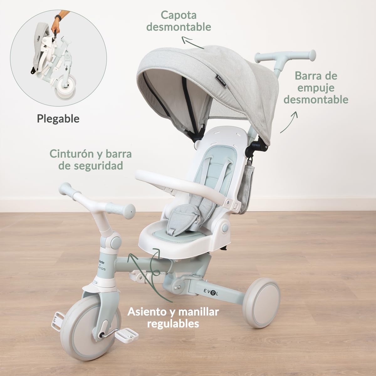 Triciclo Evolutivo 5 en 1 Olmitos by Tutete para Bebés y Niños 12 Meses a 6 Años | Convertible en Bicicleta con o sin Pedales | Mango de Empuje, Cinturón 5 Puntos, Capota y Plegado Compacto
