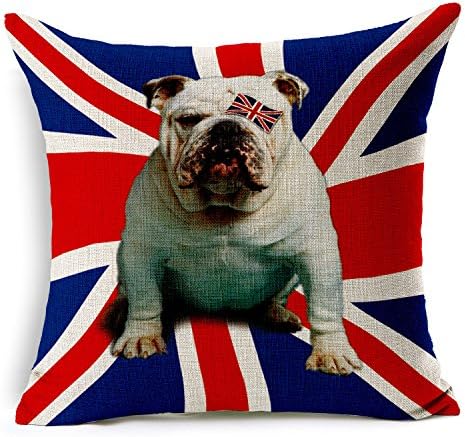 A British Bull Dog on Union Jack Flag Cotton Linen Decorative Throw Pillow Case Cushion Cover, 17.7" x 17.7"