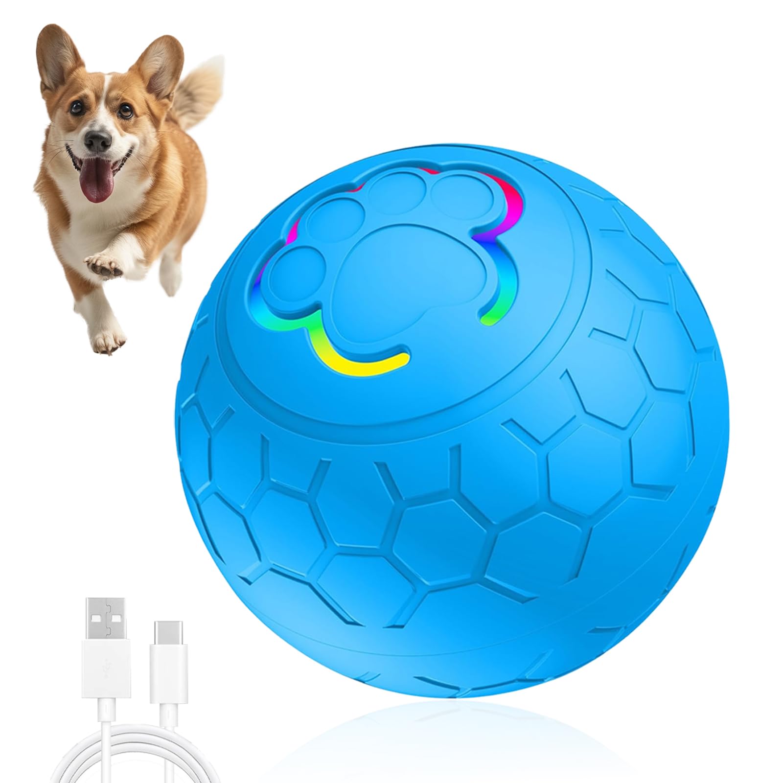 AOUZOVLI Pelota Interactiva Perro | Pelota para Perros Que Se Mueve Sola | Pelotas de Salto para Perros | Dos Modos de Movimiento Automático + Luz LED | Recargable por USB | 5,6 Cm de Diámetro | Azul