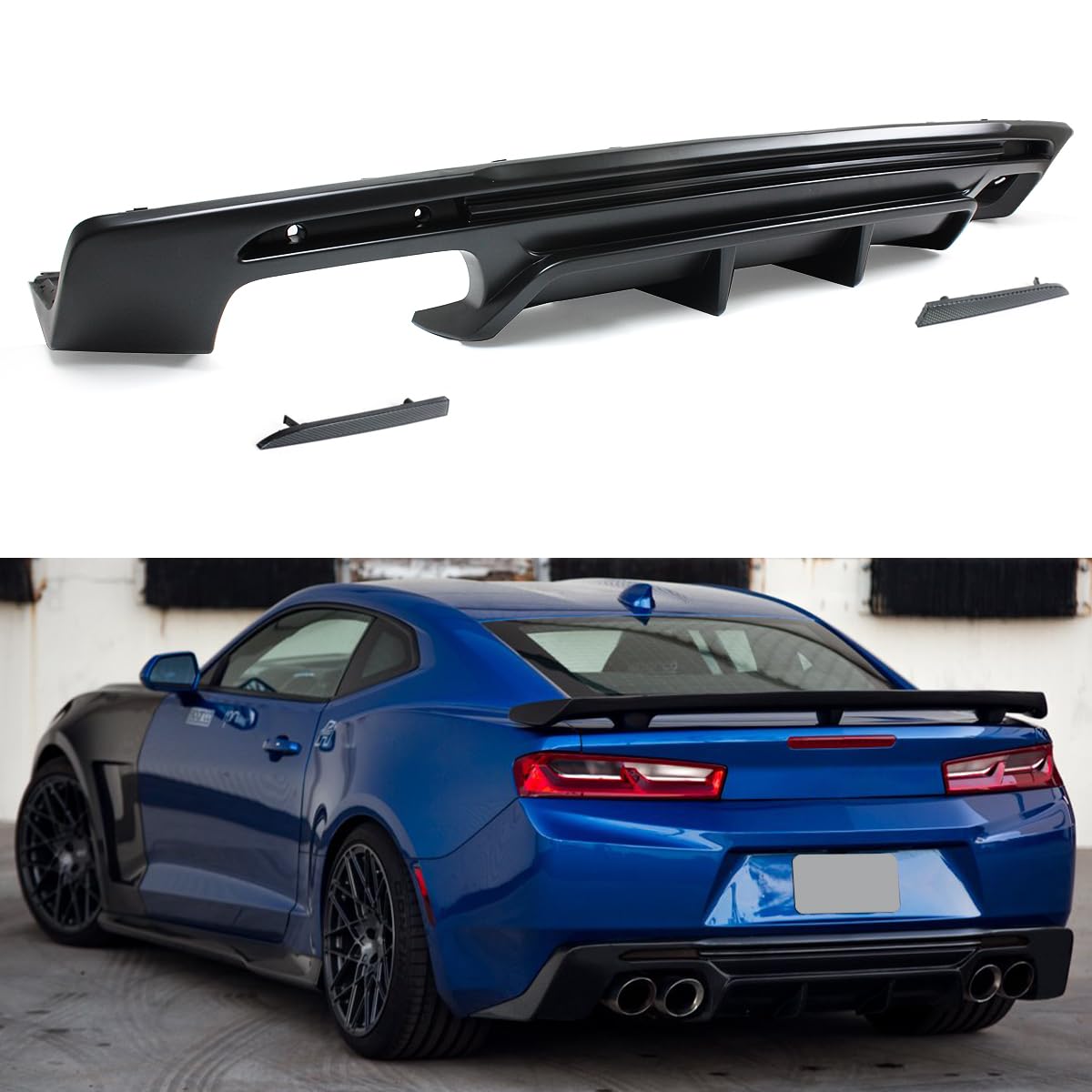 AMPP Style Matt Black Shark Fin Rear Bumper Diffuser + Smoked Tinted Lens Reflector Replacement Compatible with Chevrolet 2016-2024 Camaro LT SS RS
