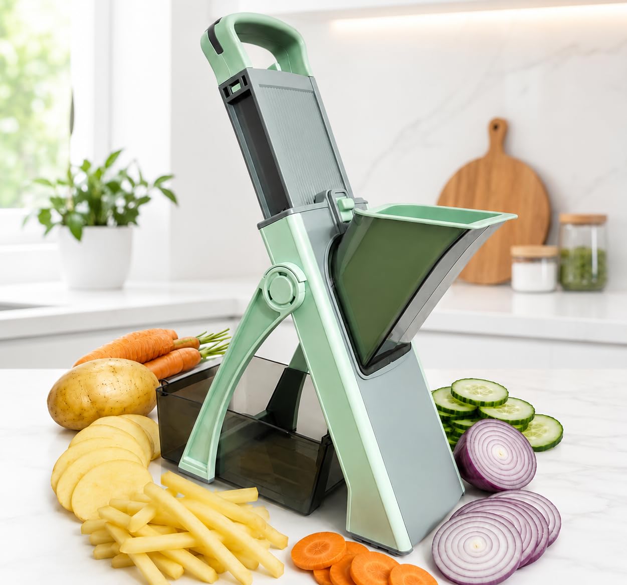 Modern Hand Safe Vegetable Chopper for Kitchen | Mandoline Slicer Machine with Adjustable Stainless Steel Blades & Thickness Control | Vegetable Cutter for French Fries,Julienne (Mint Green)-image-31