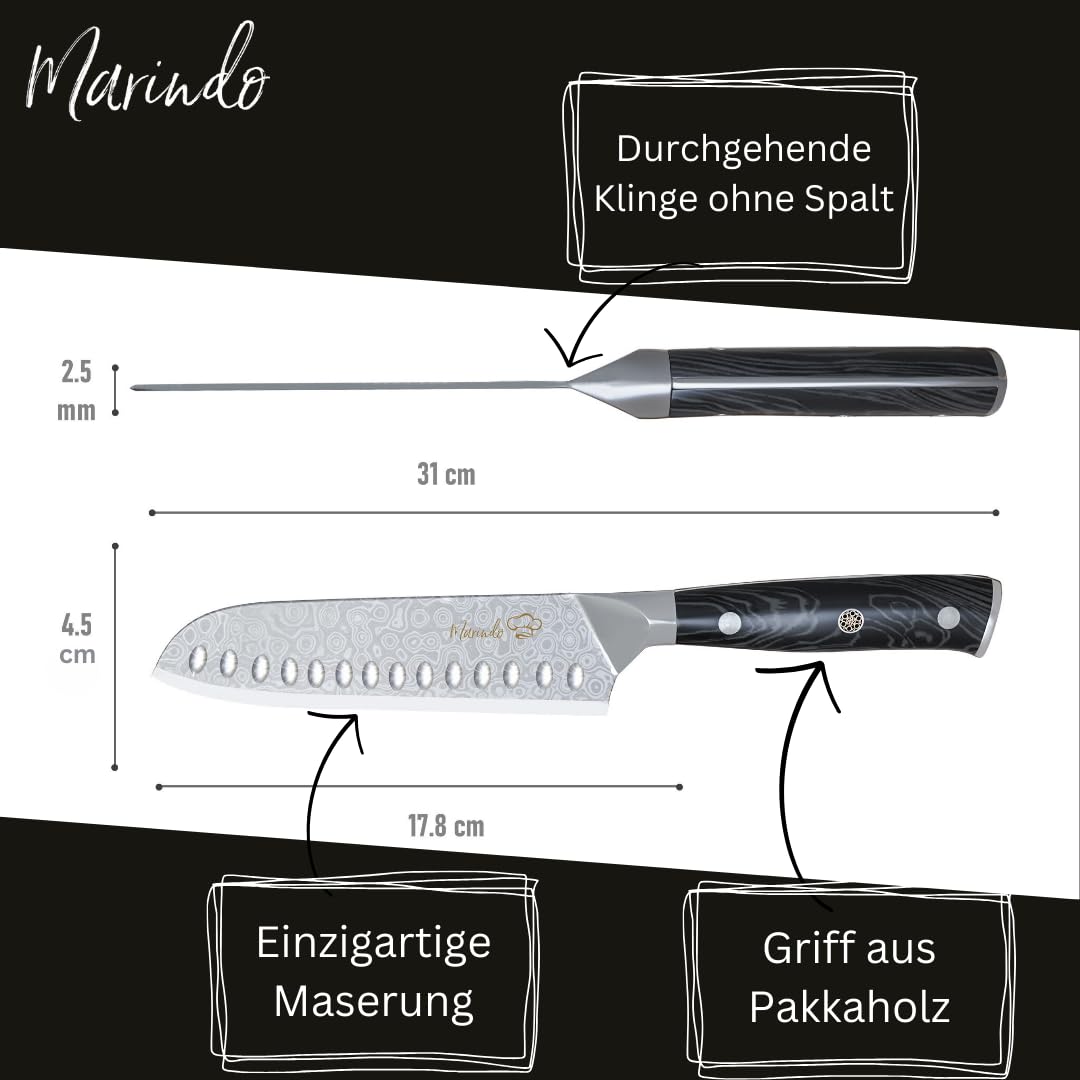 Marindo® Santoku Damastmesser aus Damaszener Stahl 17,8 cm Klinge | japanisches Damast Küchenmesser mit Kullenschliff & stabilem Holzgriff | Santoku Messer Damast mit Geschenkverpackung