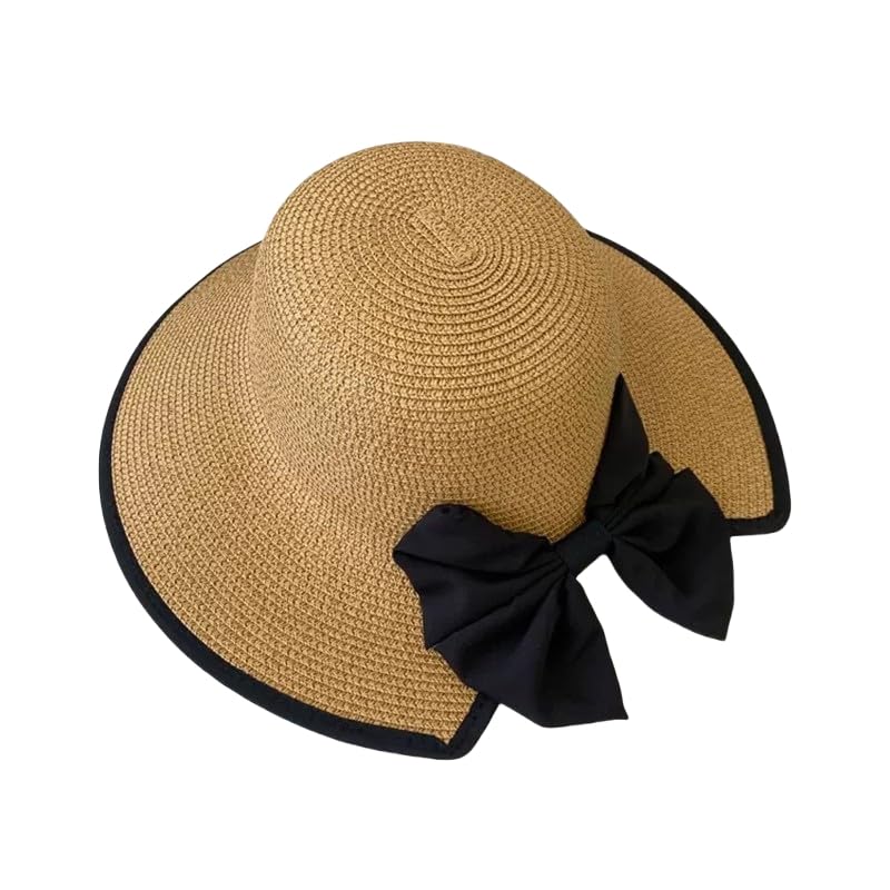 Sombrero de Paja Transpirable para Mujer,Sombrero de Verano de ala Ancha con Protección UV y Lazo Decorativo,Sombrero de Playa Ligera para Vacaciones,Viajes y Actividades Al Aire Libre