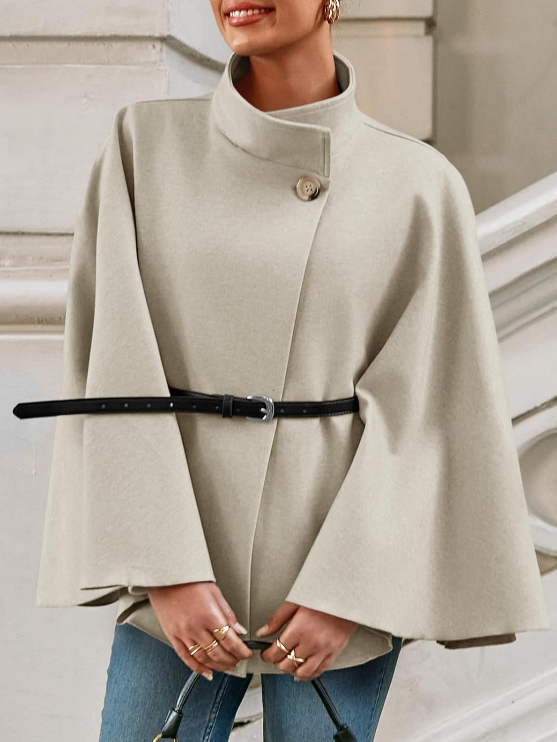 Cicy Bell Womens Batwing Sleeve Poncho Pea Coats Oversized Belted Trendy Casual Stand Collar Cloak Cape Coats - Image 3