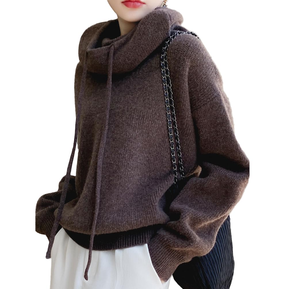 Womens Long Sleeve Pile Collar with Drawstring Sweater Knitted Pullover Turtleneck Fall Winter Warm Tops