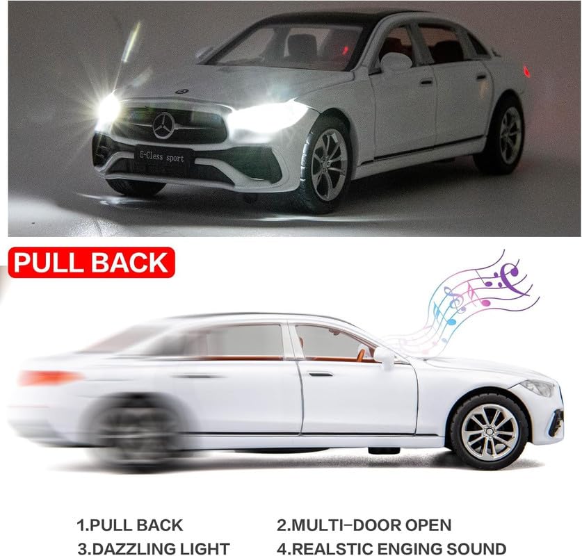 Image of Invite Enterprise 1:32 Scale Compatible Mercedes-Benz E300L Diecast Model Car - Zinc Alloy Collectible Toy With Pull-Back Action, Sound, And Light Features - Ideal Gift For Kids(White Color)