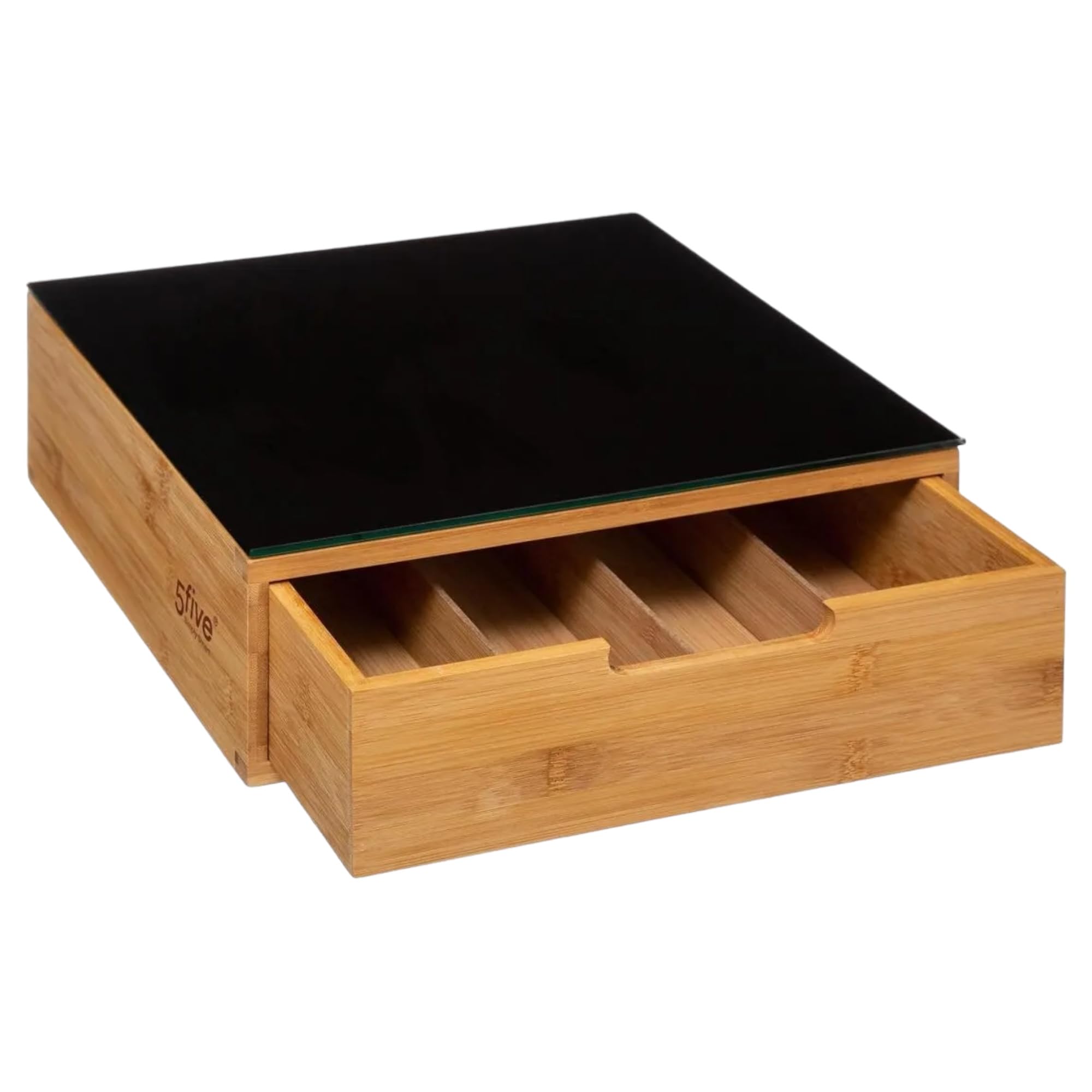TIENDA EURASIA - Coffee Capsule Holder with Removable Drawer | Coffee Maker Holder with Glass Board | Bamboo Structure | Measures 30 x 30 x 10 cm | Compatible with Nespresso, Dolce Gusto, Krups