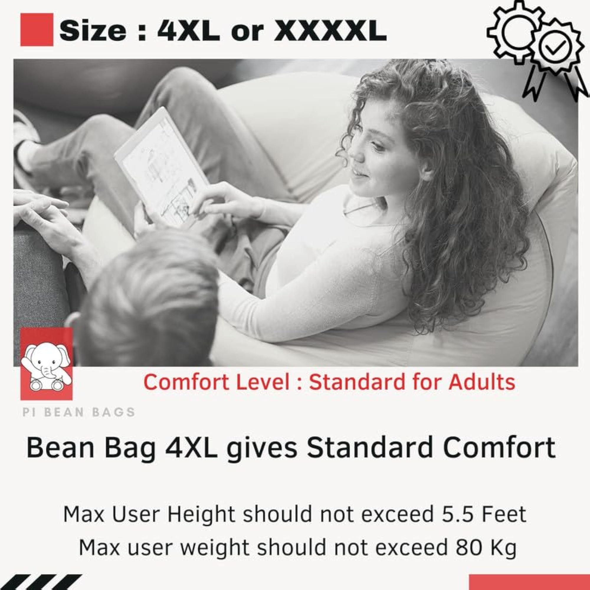 XXXXL Bean Bag with Free Cushion and Round Footrest, Black