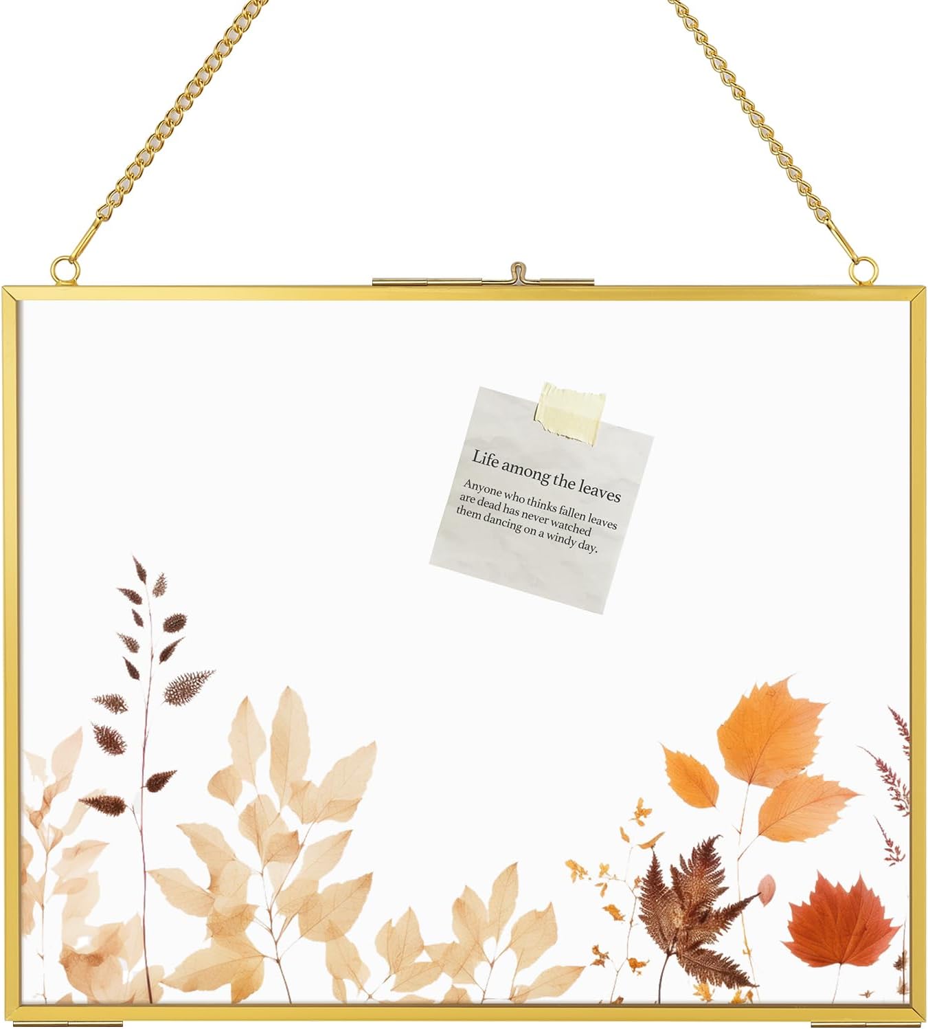 8x10 Pressed Flowers Gold Frame, Hanging Floating Double Glass With Chain for Dried Flower, 8 by 10 Brass Picture Horizontal, Large Clear Photo for Wall Mount, Rectangle