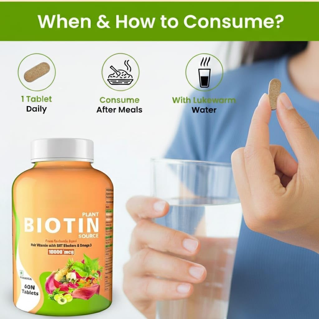 Plant Based Biotin Tablets with High Protein Vitamin DHT Omega 3 for Strong Hairs, Nails Growth & Glowing Skin - 60 Tablets