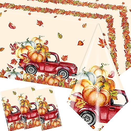 Image of Fall Tablecloth, 3 Pcs Thanksgiving Tablecloths, Pumpkin Rectangle Fall Plastic Tablecloth,Maple Leaf Pumpkin Table Cover for Fall Themed Thanksgiving Party Supplies, 108 x 180 cm