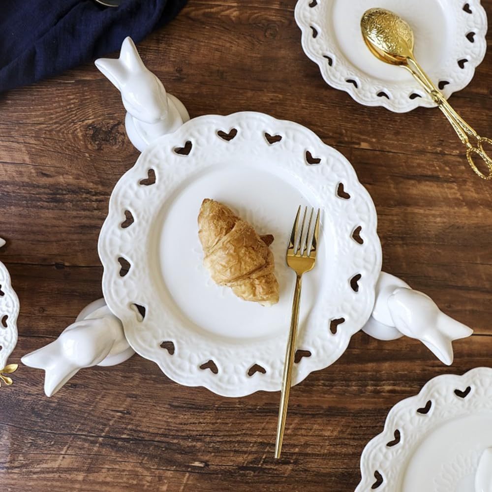 Pure Cake Tray Ceramic Rabbit Afternoon Tea Snack Stand Dessert Home Fruit Banquet Display High-Legged Table Plate Ornaments (Lying Rabbit A,10 inches)