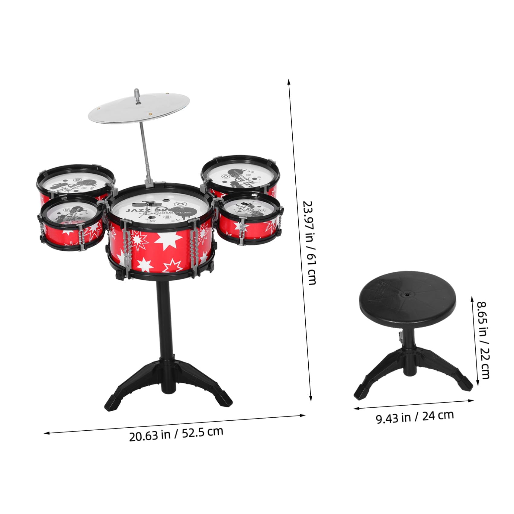 Juego de Batería para Pequeños, Batería de Percusión Abs Roja Borde Negro, 5 Tambores Taburete y Baquetas, Instrumento Musical Educativo para Desarrollo Temprano y Ritmo, Juguete