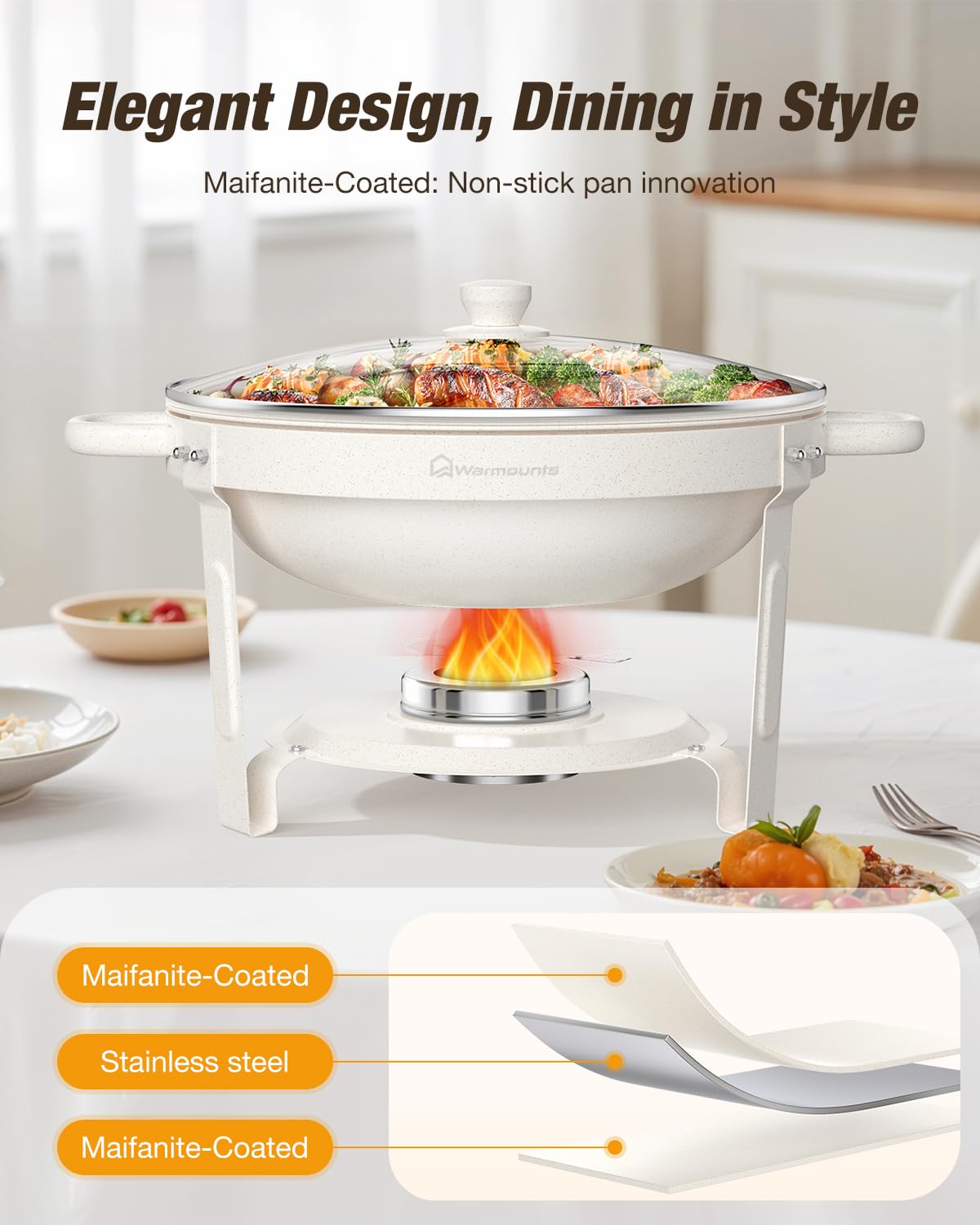 WARMOUNTS Platos de frotamiento blancos para buffet con tapa de vidrio (5 cuartos de galón, 2 unidades), juego de platos redondos recubiertos de maifanita con acero inoxidable pulido con espejo, borde