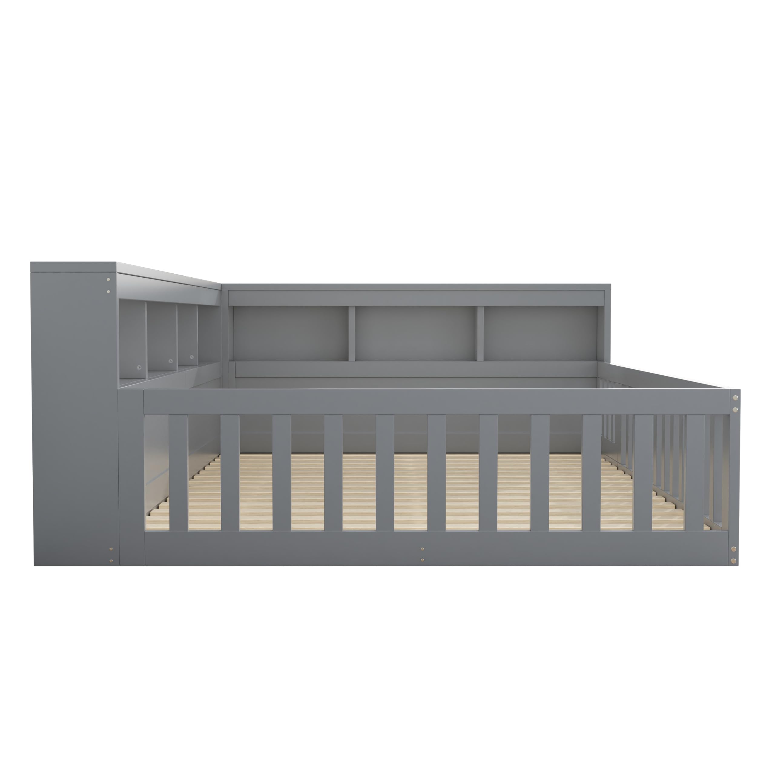 Kinderbett Bodenbett 140x200 mit Staufächern, Lattenrost, Rausfallschutz