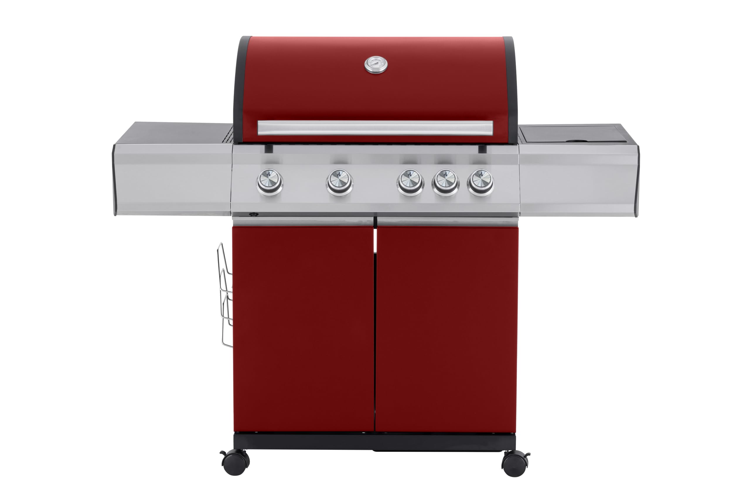 Tarrington House Barbecue a Gas Paxton, Acciaio/Acciaio Inox, 4 Bruciatori + 1 Fornello, Tavolino Laterale, Termometro, 4 Ruote, Rosso