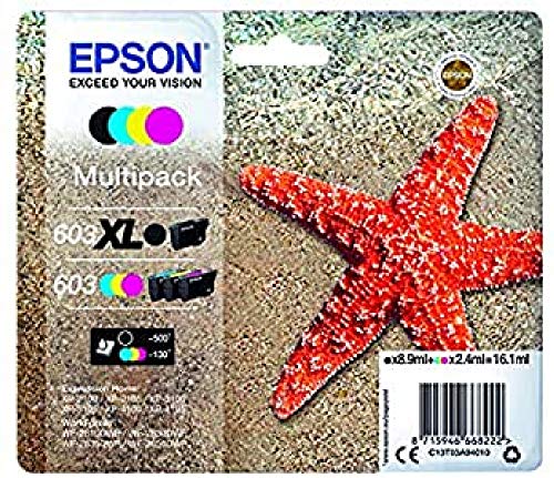 Epson Multipack 603 Etoile de Mer, Cartouches d'encre d'origine, 4 couleurs : Noir XL, Cyan, Magenta, Jaune, XP-2100 XP-2150 XP-3100 XP-3150 XP-4100 XP-4150 WF-2810DWF WF-2820 WF-2840 WF-2850D WF-2870