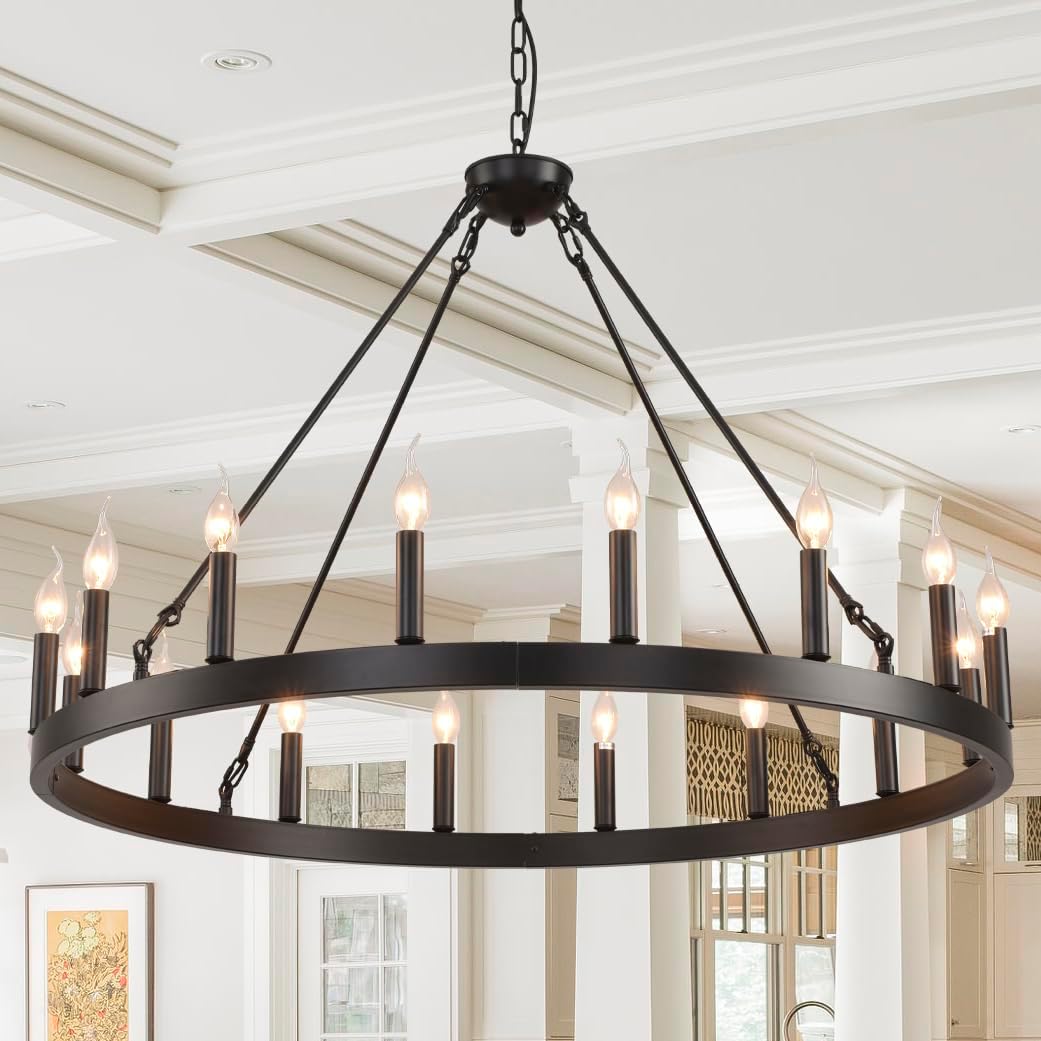 Black Wagon Wheel Chandelier Farmhouse,Round Rustic Wagon Wheel Light Fixture for Dining Room,16-Light 40" Large Industrial Wagon Wheel Light for Living Room Foyer(Black 40 Inch 16-Lights)
