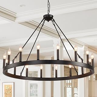 Black Wagon Wheel Chandelier Farmhouse,Round Rustic Wagon Wheel Light Fi...
