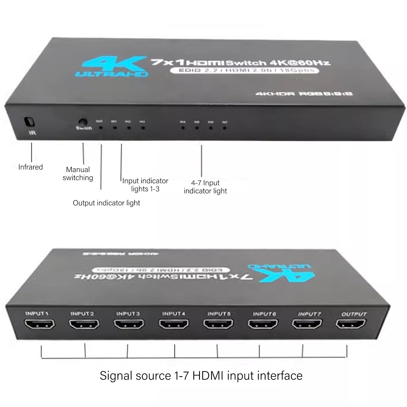 Switch HDMI 7 in 1-out, 4 K, 60 Hz, 7 x 1 HDMI, con telecomando, cavo di alimentazione, 7 connettori multipli, switch automatico, supporta HDMI2.0/HDR10 per switch, Xbox, PS4, HDTV, TV Stick, Blu-Ray