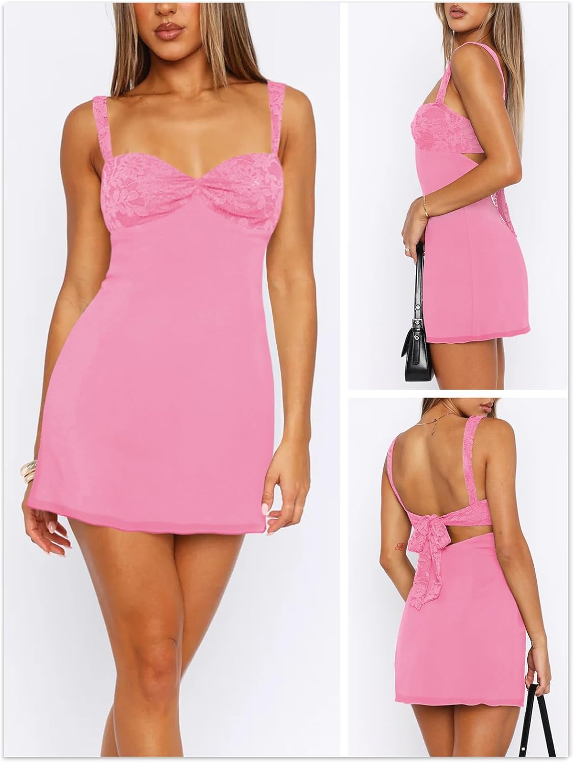 Women's Summer Mini Dresses Sleeveless Sexy Square Neck Lace Splicing Cocktail Party Straps Bodycon Dress - Image 2