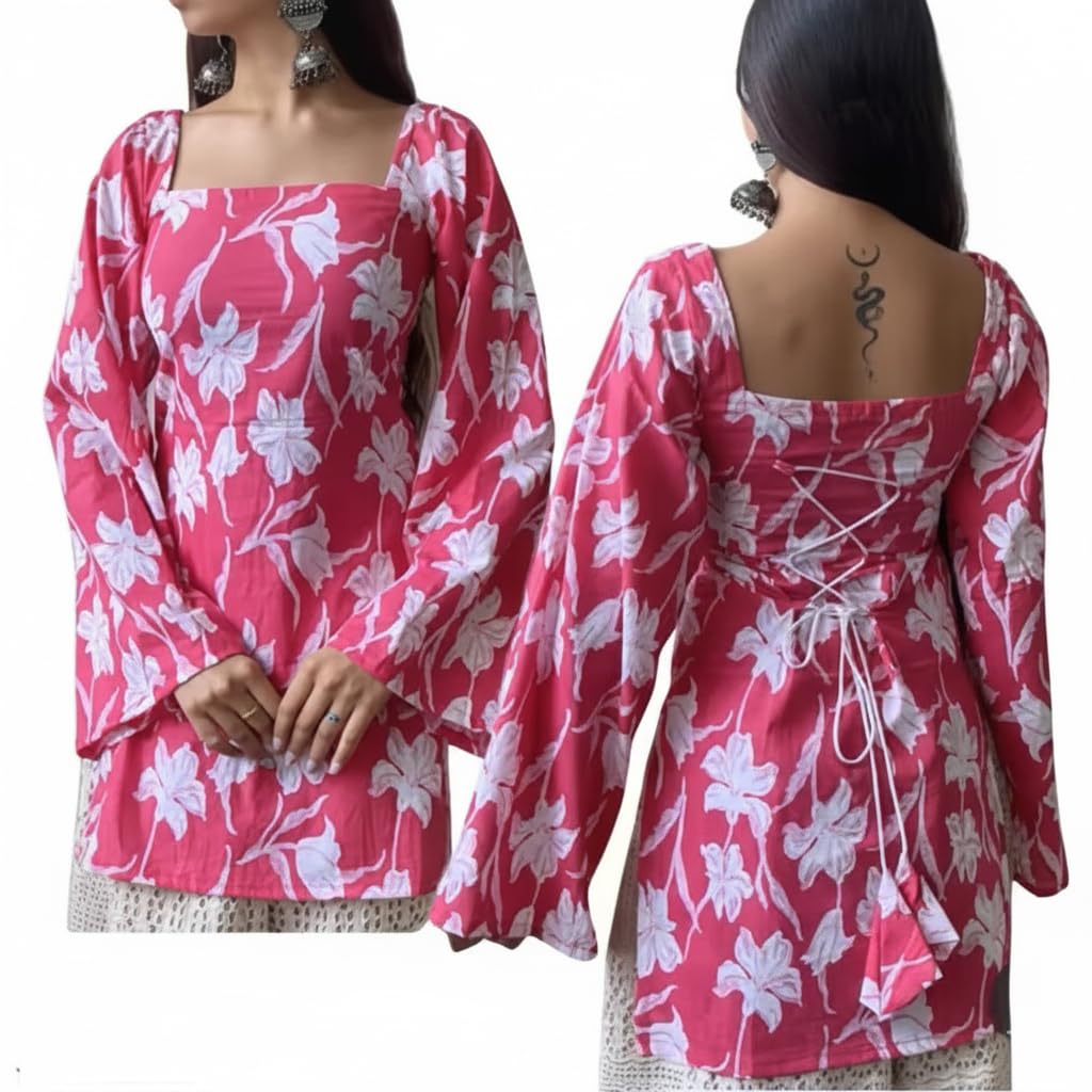 Women Pure Cotton Floral Printed Short Kurti | Square Neck | Full Sleeves | Stylish Ethnic Kurta | Back Tie-Up | Casual Wear Kurta
