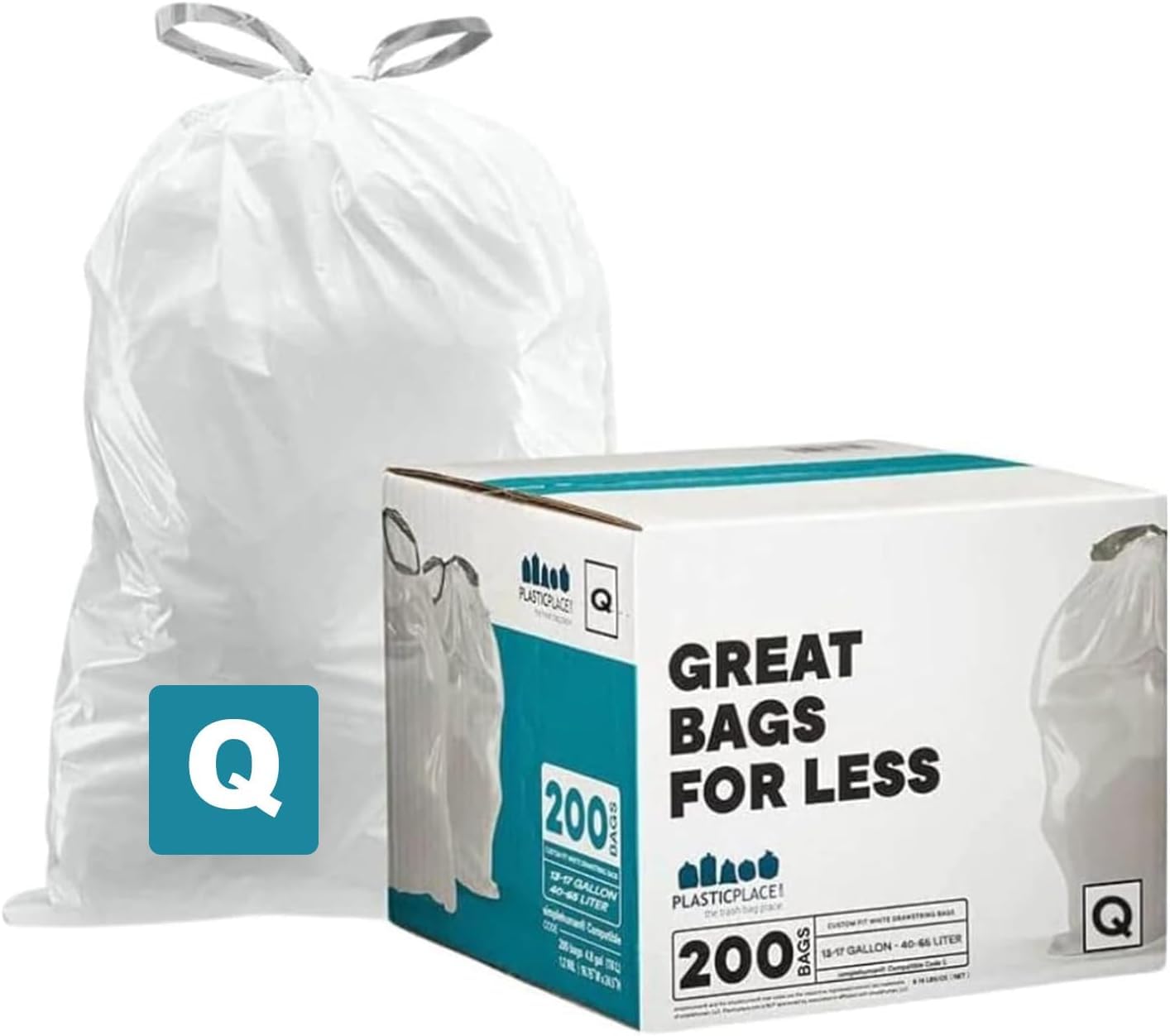 Custom Fit Trash Bags simplehuman (x) Code Q Compatible (200 Count) White Drawstring Garbage Liners 13-17 Gallon