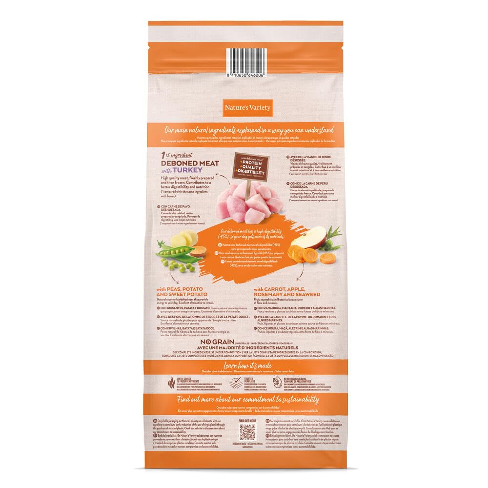 Nature's Variety Pienso sin Cereales para Perros Adultos Medianos y Grandes, con Carne Deshuesada de Pavo, Bolsa de 12 kg