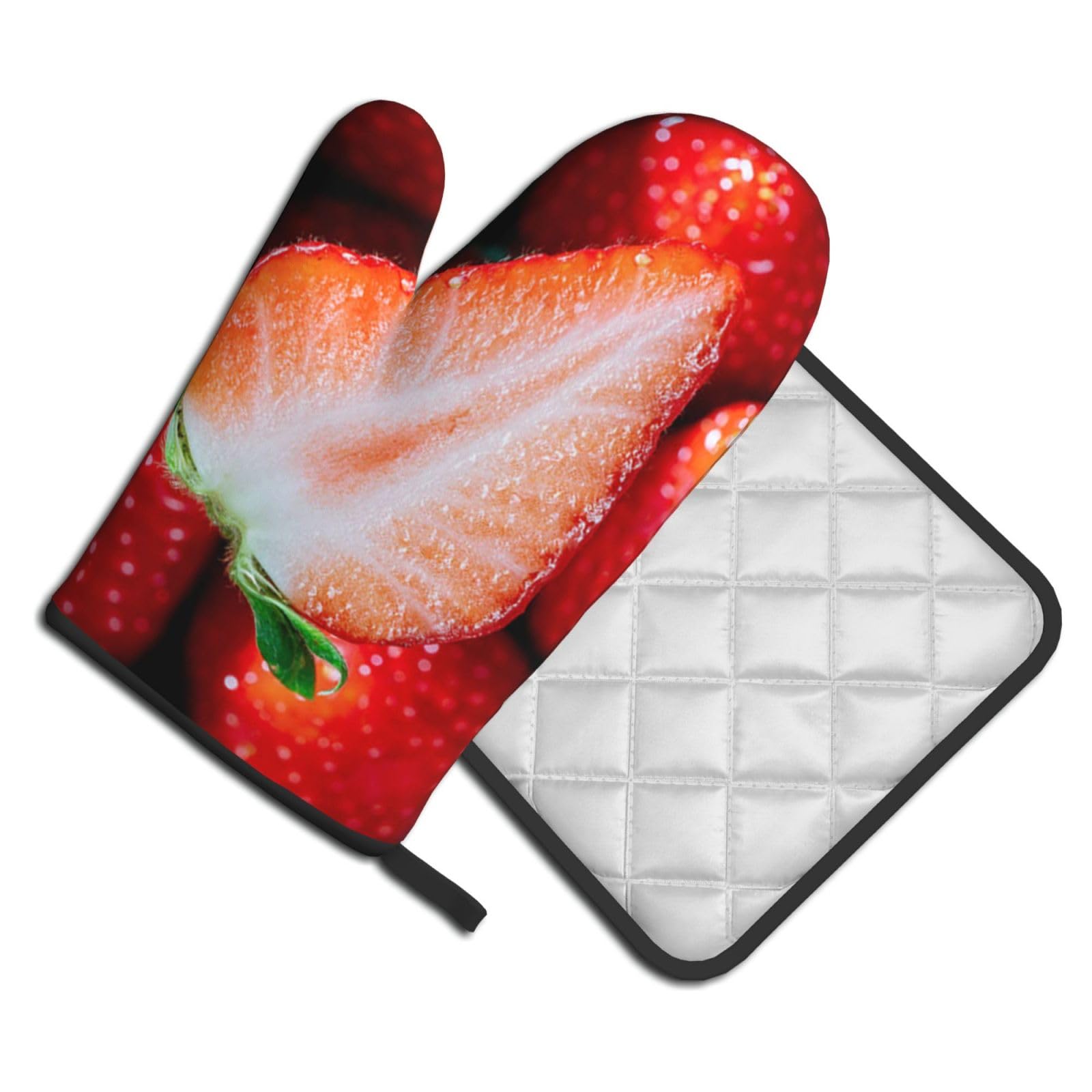 Oven Mitts and Pot Holders Set of 2 Pcs, Strawberry Printed Heat Resistant Kitchen Gloves Potholders for Cooking Baking Grilling