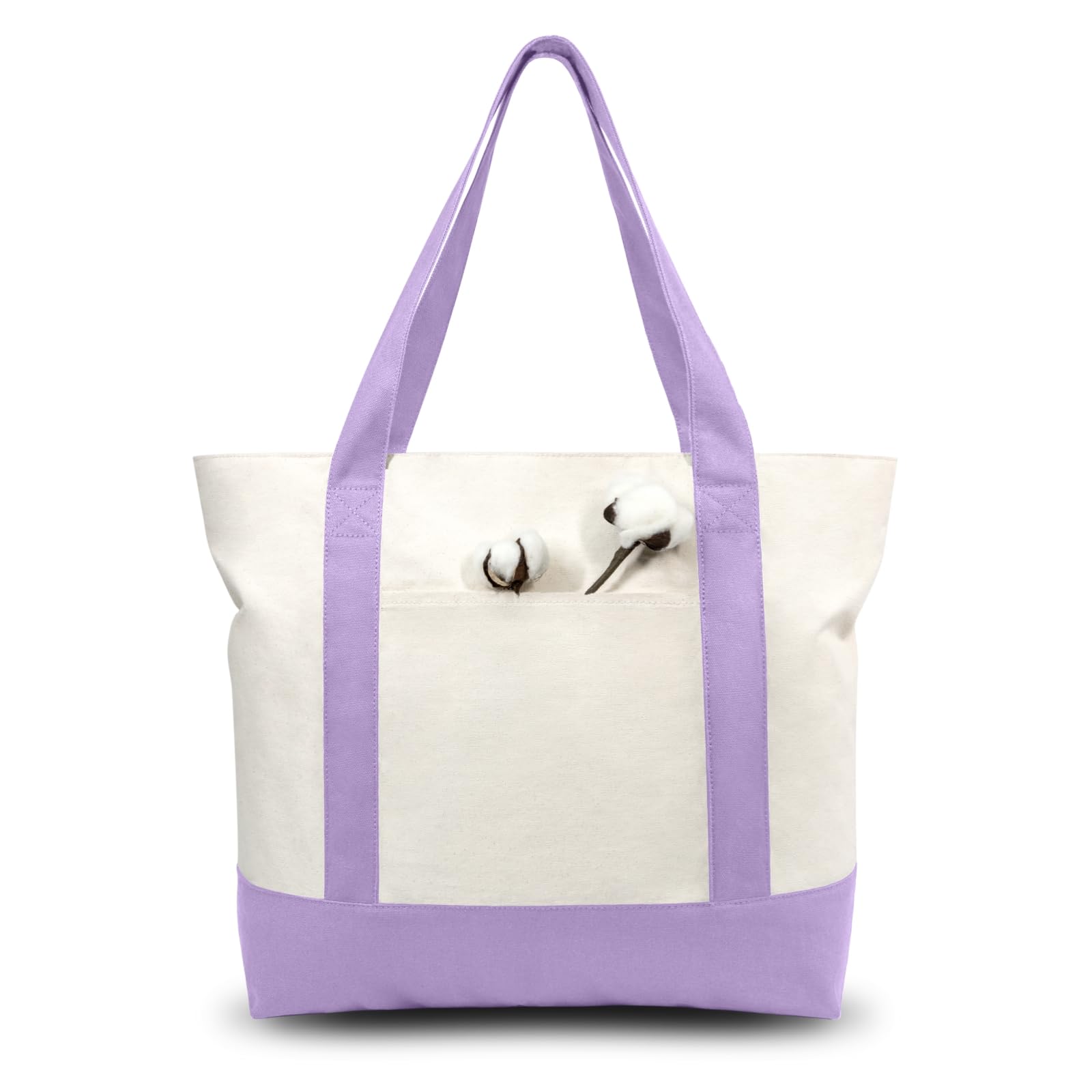 TOPDesign 1-Pack Canvas Tote Bag with an External Pocket, Reusable Grocery Shopping Bag, Top Zipper Closure, Daily Essentials (Lavender/Natural)