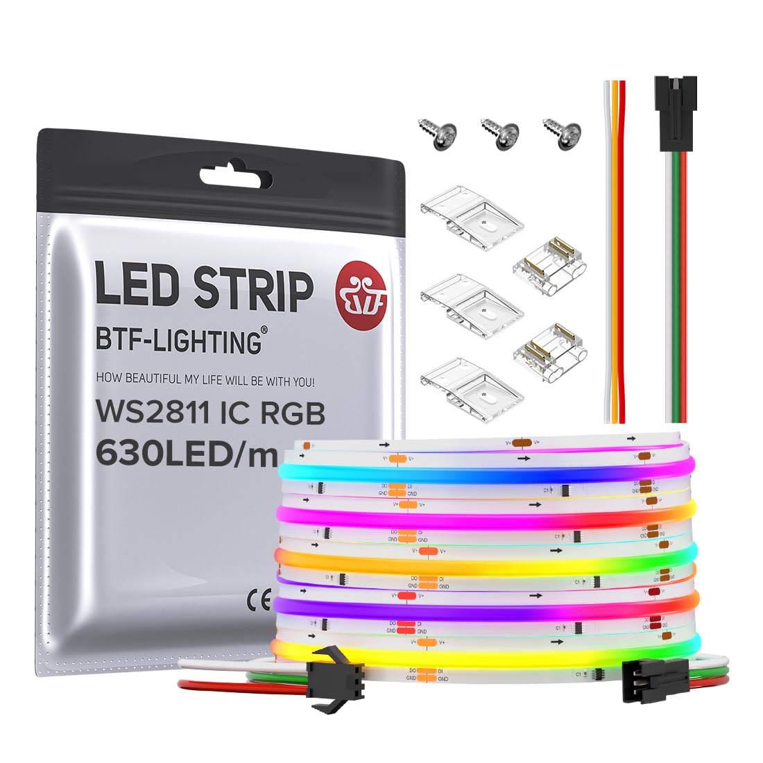 BTF-LIGHTING FCOB WS2811 IC RGB COB LED Strip 24FT DC24V 630LED/m Flexible High Density Uniform Chasing Color Light 14IC/m 10mm Width Dream Color for