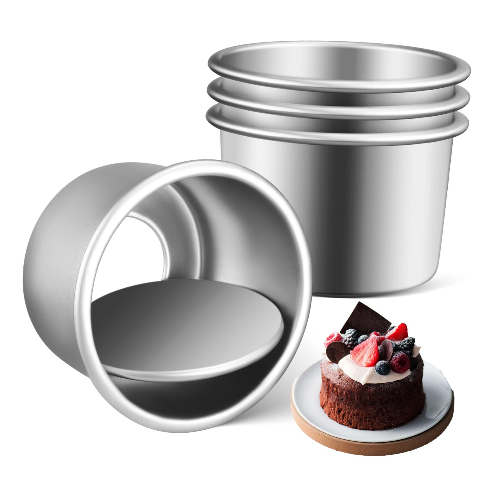 4 piezas Molde Redondo para Tartas Aluminio con Base Desmontable Antiadherente Molde Pequeño para Hornear Pasteles Cheesecake Mousse y Postres