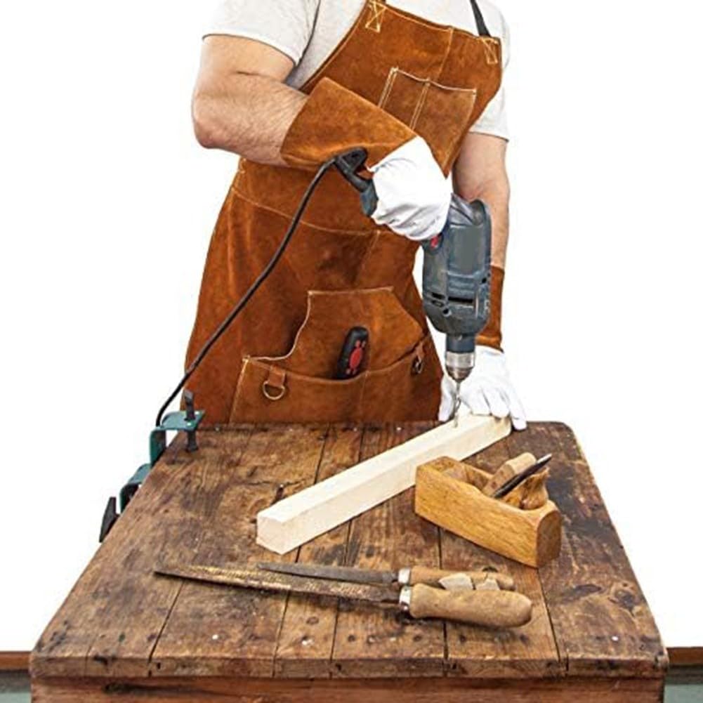 Tablier de soudeur en cuir de vache robuste avec 6 poches pour homme résistant à la chaleur et aux flammes, protection d'atelier, rangement d'outils de forgeron, marron