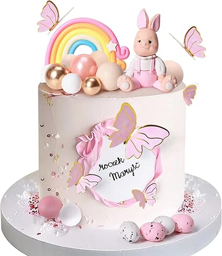 25 piezas de decoración de pastel de conejo con huevos de colores, bolas de mariposa, decoración de pastel de cumpleaños de conejo feliz para