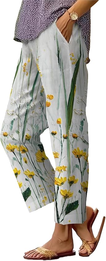 Oil Painting Graphic Pants Women Casual Floral Print Elastic Waist Trousers Comfy Lightweight Summer Clothing