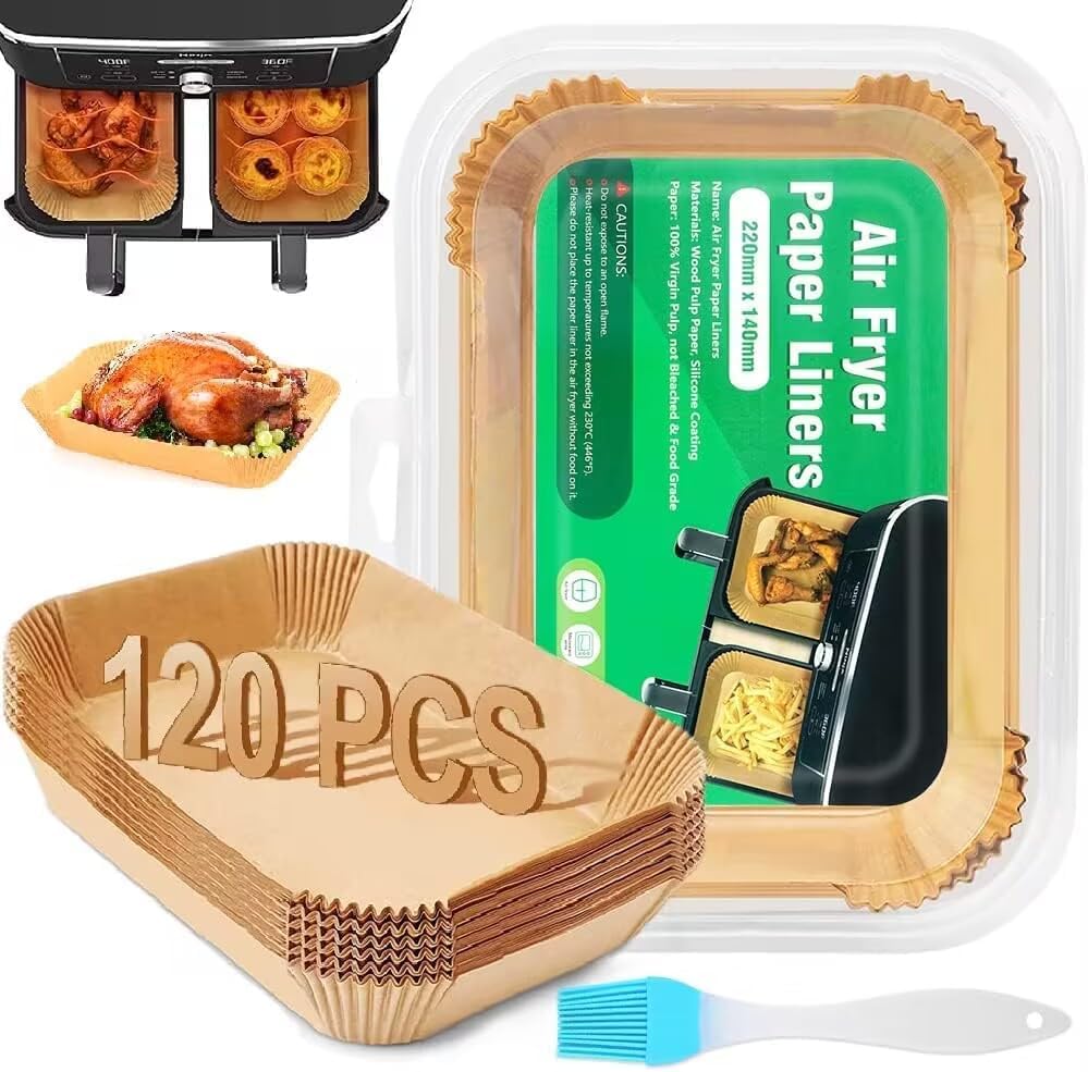 Papel para hornear aire freider, 120 piezas rectangulares 22 x 14 cm, papel sulfurizado antiadherente, para Ninja AF300EU AF400EU Lakeland Tower Salter y otros Dual Zone Airfryer