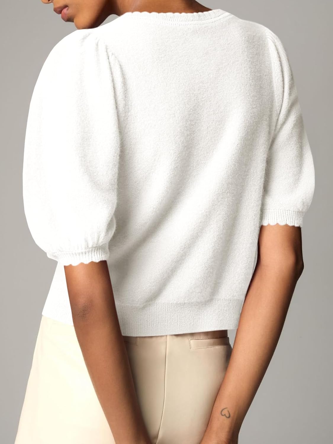 Saodimallsu Womens Puff Short Sleeve Cardigan Lightweight Summer Button Down Shirts Knit Crew Neck Sweater Tops - Image 5