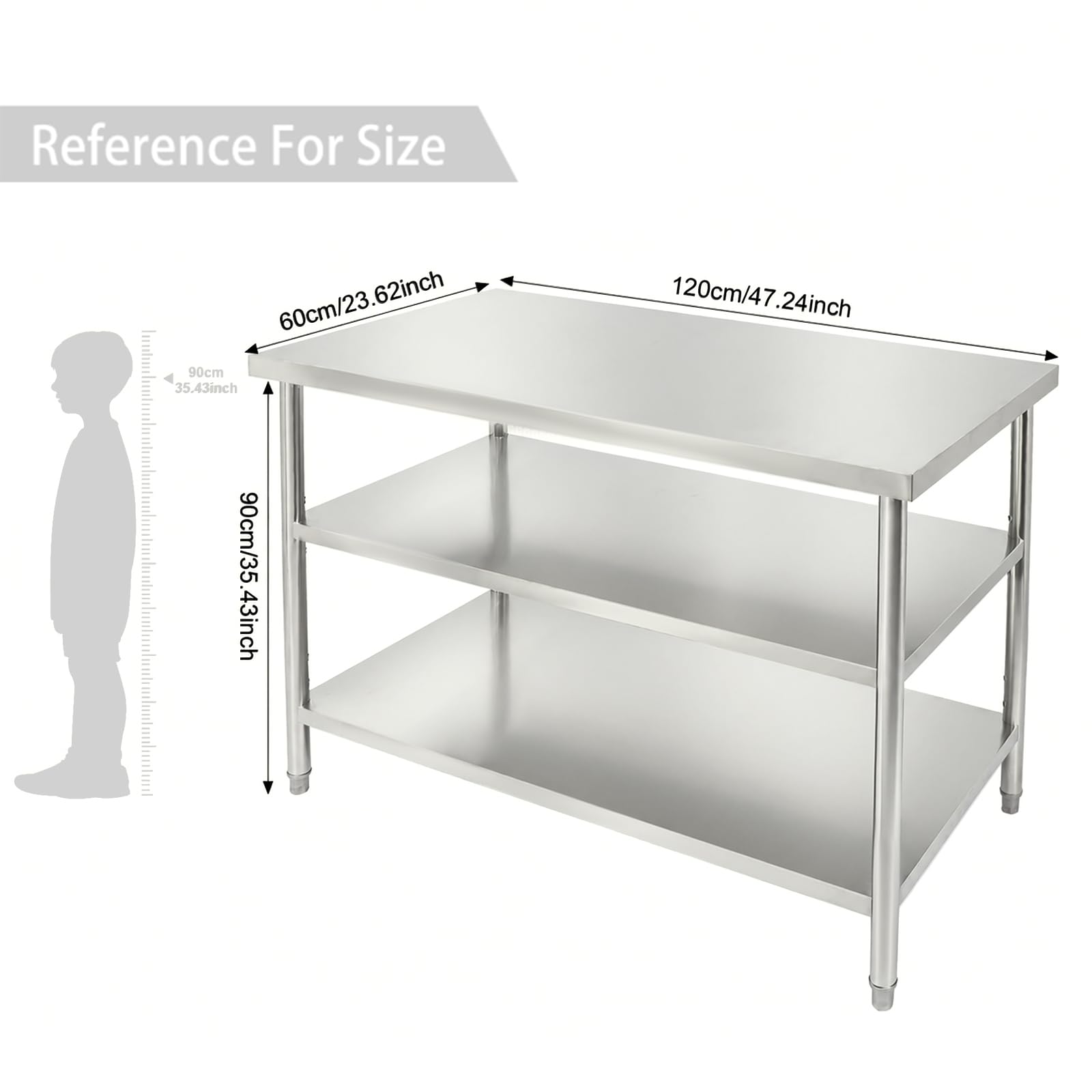 Tavolo da lavoro in acciaio inox, 3 ripiani, per gastronomia, cucina, 120 x 60 x 90 cm