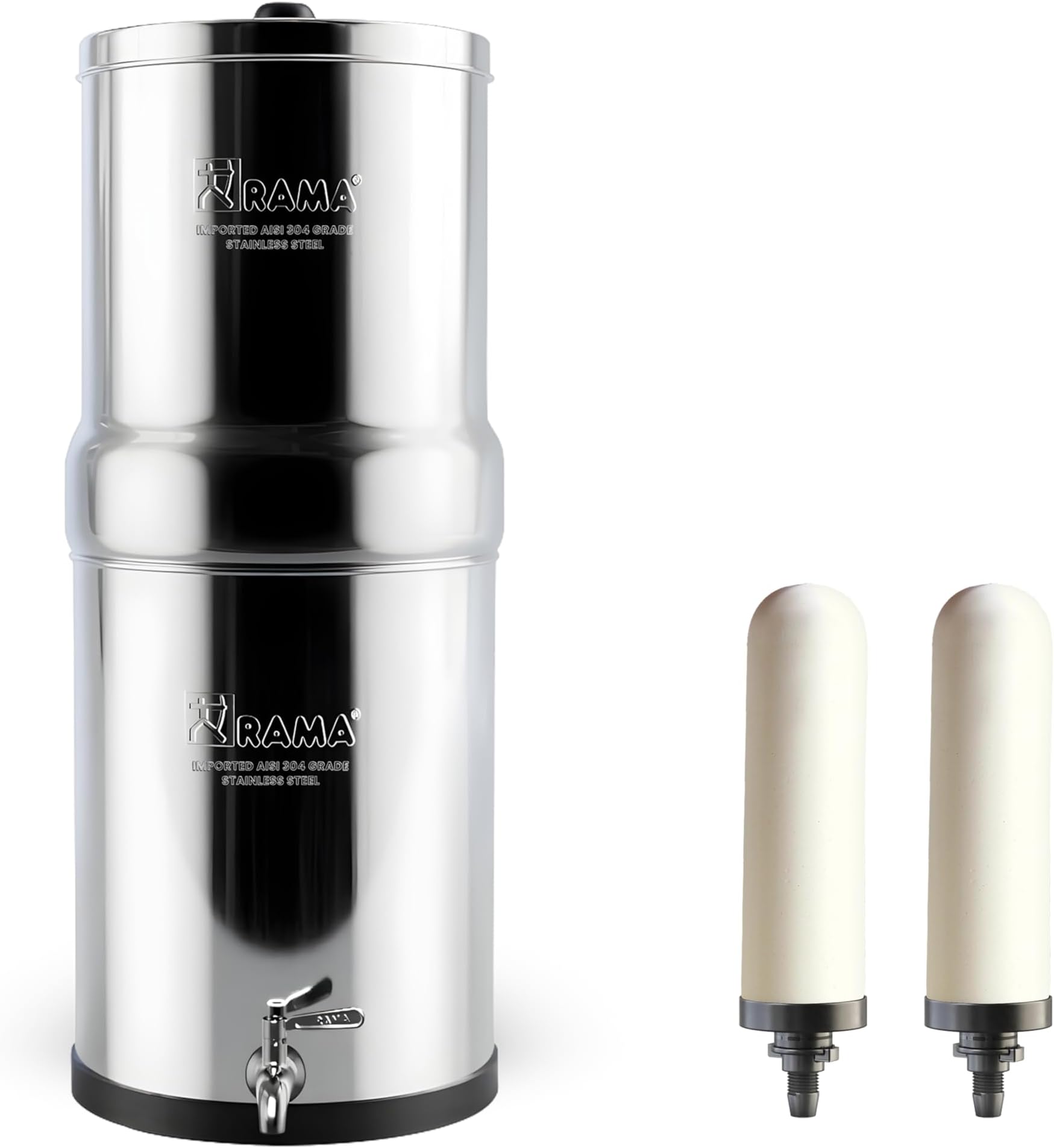 - RAMA Gravity Water Filter | 12L Total Capacity (6L Storage) | 304 Stainless Steel Non-Electric Water Purifier Filter for Home | Includes 2 Spirit 7" Ceramic Candles & Steel Tap
